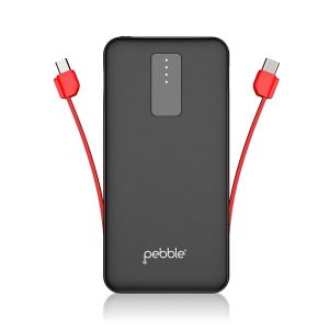 Pebble ACE - Slim Design, Dual Inbuilt Cable Micro USB and Type-C Power Bank 10000 mAh with Type-C Input Black