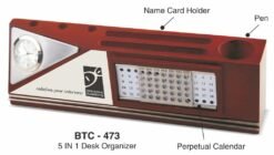 Wooden Desk Organizer With Perpetual Calendar, Clock,  Visiting Card Holder, Memo Pad & Pen Stand BTC - 473