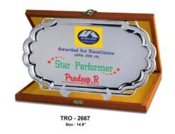 Premium Silver Metal Plate Plaque With Wooden Box TRO - 2667