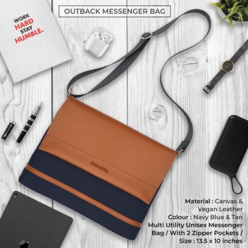 Multi Utility Unisex Outback Messenger Bag Navy Blue & Tan Brown