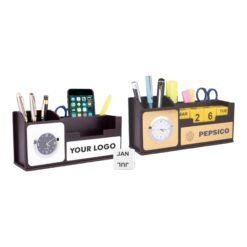 Wooden Table top with Clock, mobile stand, tumbler, and Lifetime Calendar |  A132