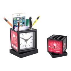 Rotating clock with 3 side branding area | Has pen stand & large stationery holder |  A139