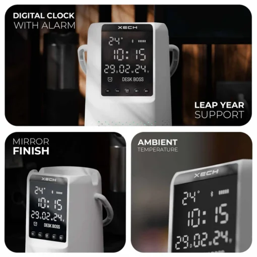 Desk Boss - White - Bluetooth Speaker, Phone Holder with Digital Clock