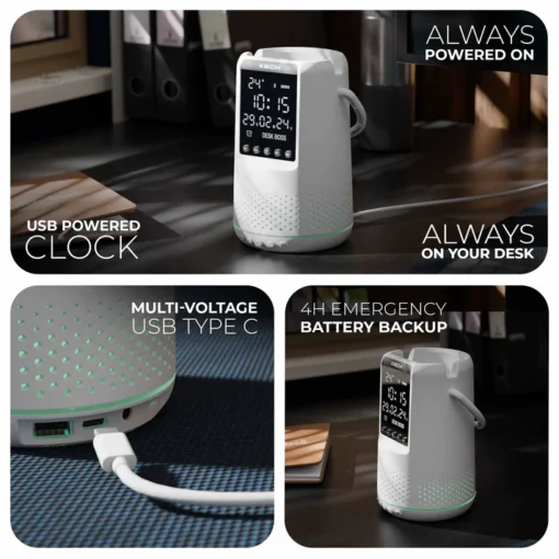 Desk Boss - White - Bluetooth Speaker, Phone Holder with Digital Clock