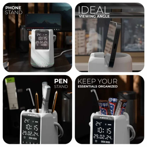Desk Boss - White - Bluetooth Speaker, Phone Holder with Digital Clock