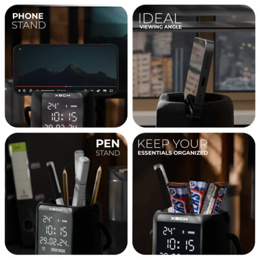 Desk Boss - Dark Edition - Bluetooth Speaker, Phone Holder with Digital Clock