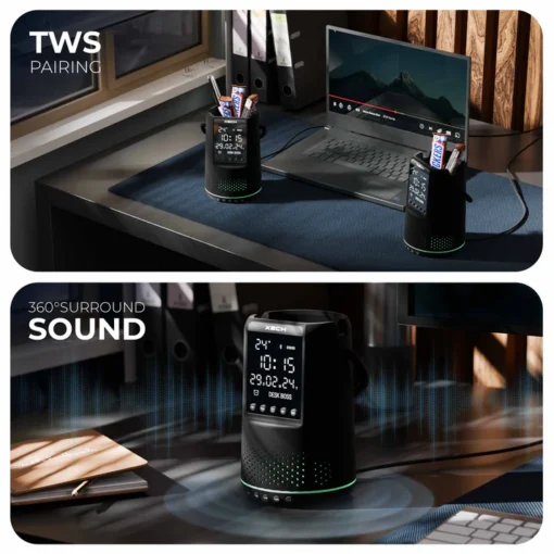 Desk Boss - Dark Edition - Bluetooth Speaker, Phone Holder with Digital Clock