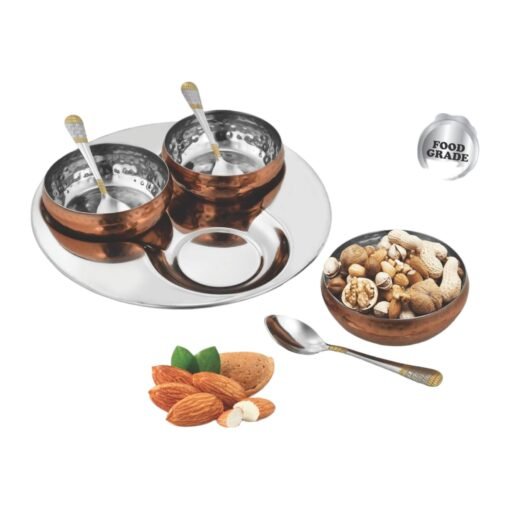 7 pc Copper finish Snack set | 3 Snack bowls with spoons & Serving tray