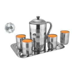 Juice Set: Stainless Steel serving Jug with 4 Premium glasses and Serving Tray H216
