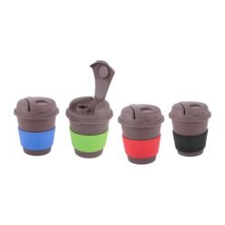Bamboo Dark Coffee mug: Eco friendly mug with flip top Lid and Anti-Scald sleeve | Capacity 250 ml