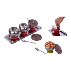 Set of 3 Spill Proof Bowls with Stainless Steel Tray | Wooden Lids & SS Spoons included H258