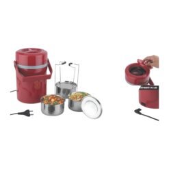 Scarlet Electric Steel Lunch box | 3 SS containers with lifter | Cable compartment in lid H293