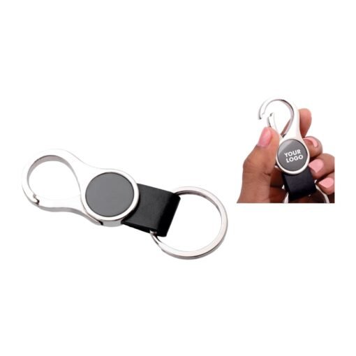 Round hanging metal keychain with PU strap J128