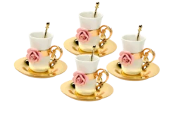 Ceramic Flower Gold Tea Cup, Set of 4