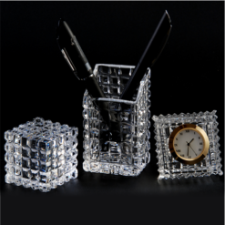 Crystal Glass Office Table Accessories Set – Clock, Pen Holder, Paper Weight
