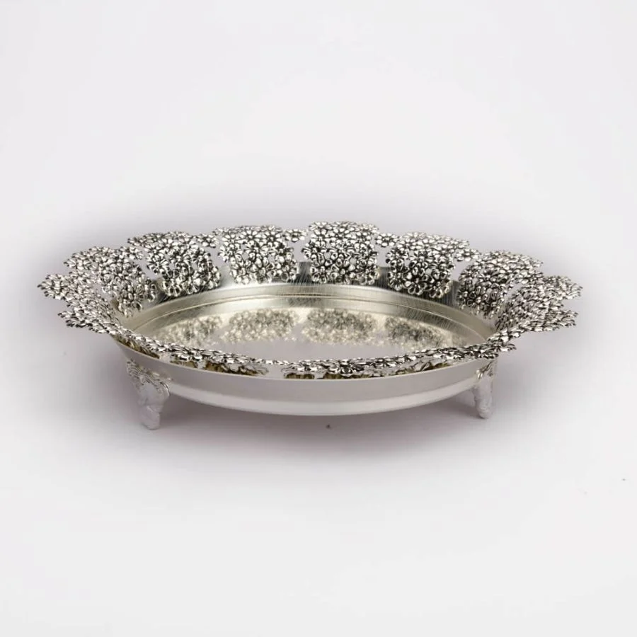 Flower Border Round Silver Tray Size-Small 4 Flower Border Round Silver Tray Size-Small