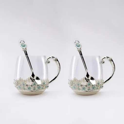 Flower Motif Silver Tea Cup Set Of Two