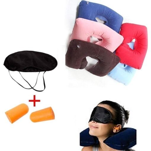 Inflatable Neck Air Cushion Pillow, Eye Mask & 2 Ear Plugs