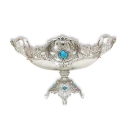 Oval Antique Turquoise Stone Studded Silver Bowl With Stand – Large