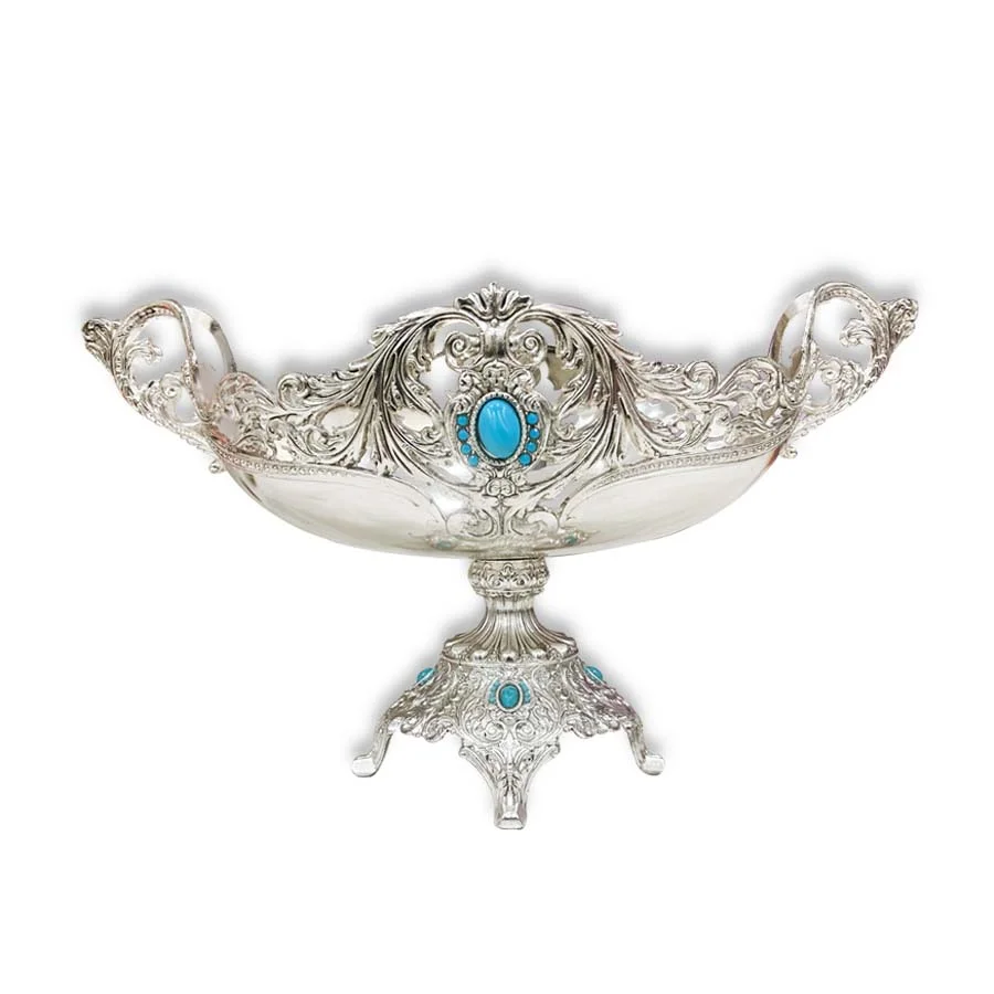 Oval Antique Turquoise Stone Studded Silver Bowl With Stand – Medium 3 Oval Antique Turquoise Stone Studded Silver Bowl With Stand – Medium