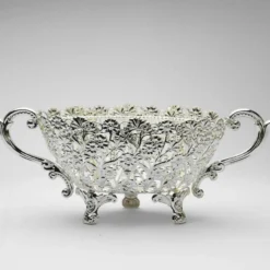 Oval Cutwork Flower Design Silver Plated Bowl, Size- Small