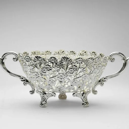 Oval Cutwork Flower Design Silver Plated Bowl, Size- Big