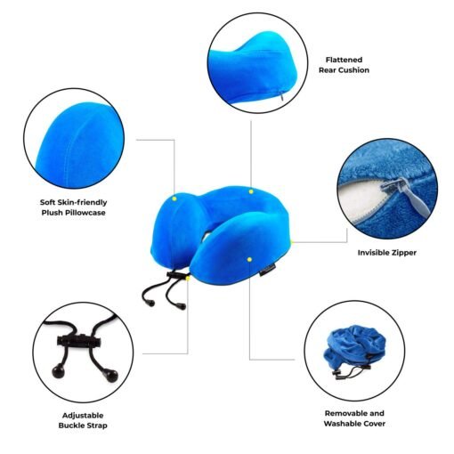 U-Shaped Memory Foam Blue Travel Neck Pillow with Strap