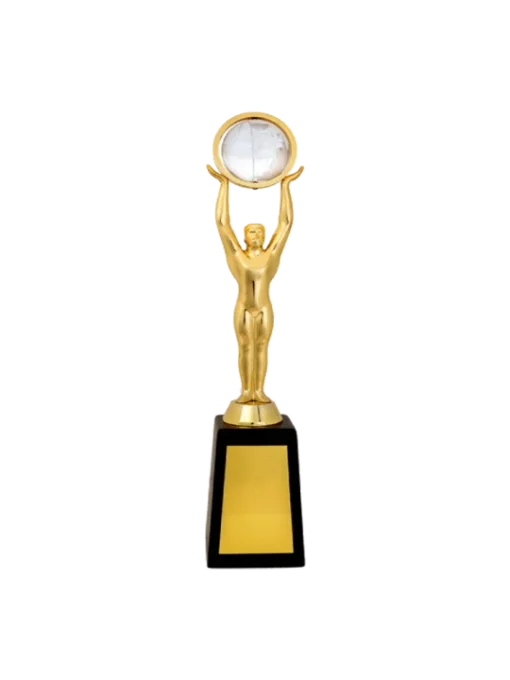 A Man spreading arms and holding the Crystal Sphere Trophy GCZ 1090