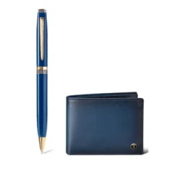 Gift Set Lapis Bard Contemporary Gold Trims Ballpoint Pen With Ducorium Wallet Blue With Gold Trim