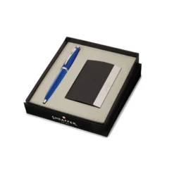 Sheaffer Gift Set 100 Ballpoint Pen with Business Card Holder Glossy Blue with Chrome Trims