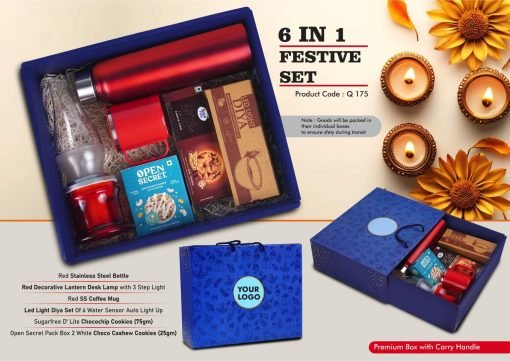 Festive Gift Set Combo in a Premium Diwali Box with Carry Handle. Set Contains: – Red Stainless Steel Bottle 1000ml – Red Decorative Lantern Desk Lamp with 3 Step Light – Red SS Coffee Mug – Led Light Diya Set Of 6 – Water Sensor Auto Light Up – Sugarfree D’ Lite Chocochip Cookies (75gm) – Open Secret Pack Box 2 White Choco Cashew Cookies (25gm)