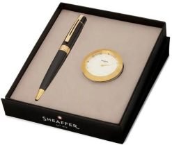 Sheaffer Glossy Black 300 G9325 Ballpoint Pen with Gold Tone Trim and Table Clock