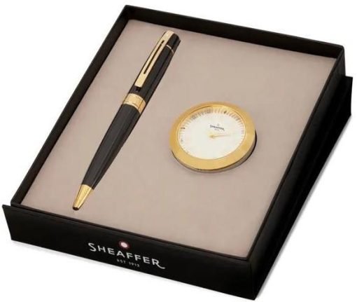 Sheaffer Glossy Black 300 G9325 Ballpoint Pen with Gold Tone Trim and Table Clock