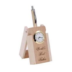 Beige Wooden Pen Stand with Personalised Name and Analogue Clock