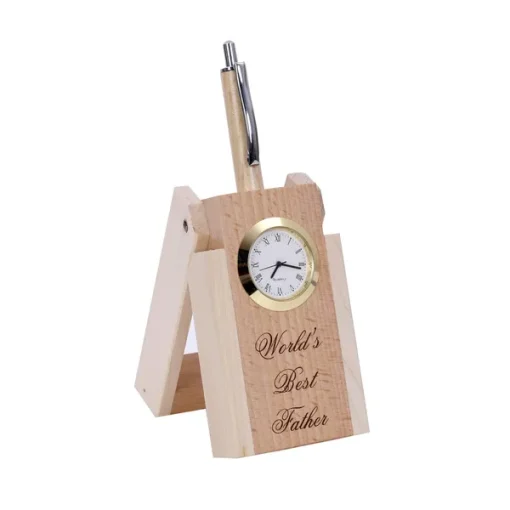 Beige Wooden Pen Stand with Personalised Name and Analogue Clock
