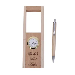 Beige Wooden Pen Stand with Personalised Name and Analogue Clock