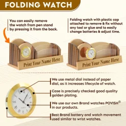 Beige Wooden Pen Stand with Personalised Name with Clock and Mobile Stand and card Holder