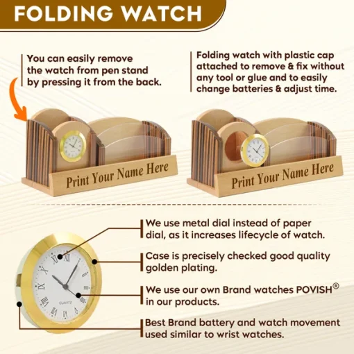 Beige Wooden Pen Stand with Personalised Name with Clock and Mobile Stand and card Holder 5 Beige Wooden Pen Stand with Personalised Name with Clock and Mobile Stand and card Holder