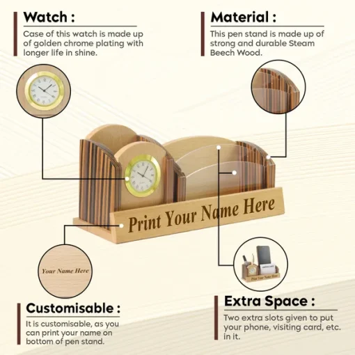 Beige Wooden Pen Stand with Personalised Name with Clock and Mobile Stand and card Holder 4 Beige Wooden Pen Stand with Personalised Name with Clock and Mobile Stand and card Holder