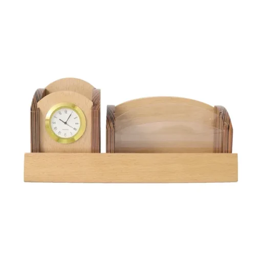 Beige Wooden Pen Stand with Personalised Name with Clock and Mobile Stand and card Holder 7 Beige Wooden Pen Stand with Personalised Name with Clock and Mobile Stand and card Holder