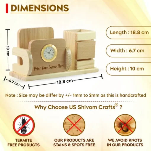 Personalised Beige Wooden Desk Name Plate with Mobile stand, Pen Stand and Clock
