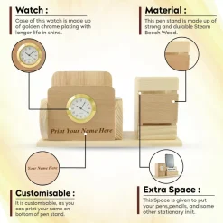 Personalised Beige Wooden Desk Name Plate with Mobile stand, Pen Stand and Clock 9 Personalised Beige Wooden Desk Name Plate with Mobile stand, Pen Stand and Clock