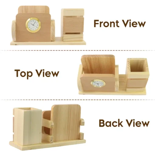 Personalised Beige Wooden Desk Name Plate with Mobile stand, Pen Stand and Clock