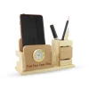 Personalised Beige Wooden Desk Name Plate with Mobile stand, Pen Stand and Clock