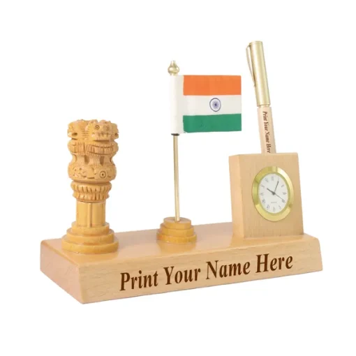 Personalised Beige Wooden Desk Name Plate with National Flag and Ashoka Pillar and Clock