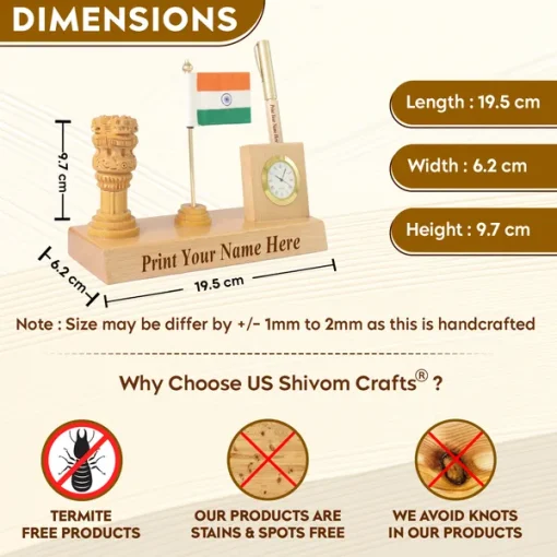 Personalised Beige Wooden Desk Name Plate with National Flag and Ashoka Pillar and Clock