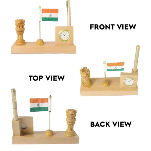 Personalised Beige Wooden Desk Name Plate with National Flag and Ashoka Pillar and Clock