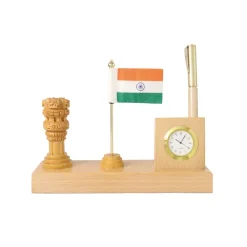 Personalised Beige Wooden Desk Name Plate with National Flag and Ashoka Pillar and Clock