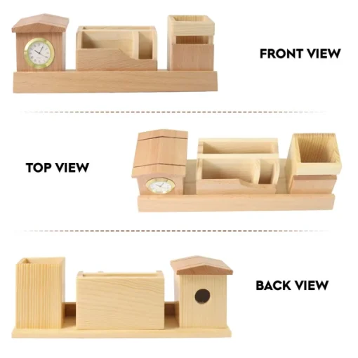 Personalised Beige Wooden Desk Organiser With Clock, Card ,Mobile Holder And Pen Stand