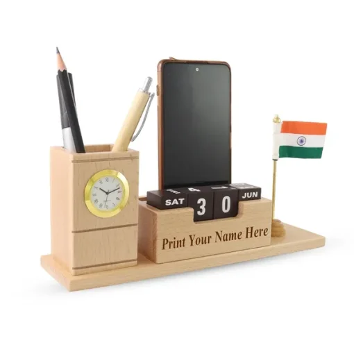 Personalised Beige Wooden Desk Organiser with Clock, Calendar, Pen Stand and Indian Flag